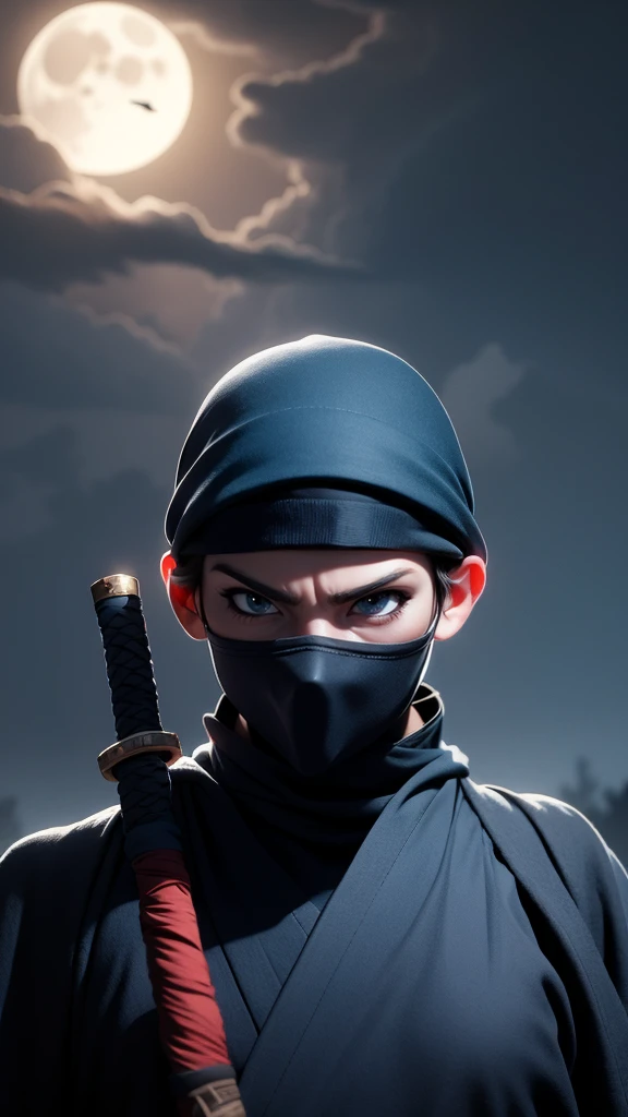 a ninja warrior in the night, detailed face, beautiful blue eyes, katana sword, dark ninja outfit, ninja mask, moonlight, dramatic lighting, dark fantasy, cinematic composition, moody atmosphere, highly detailed, 8k, photorealistic