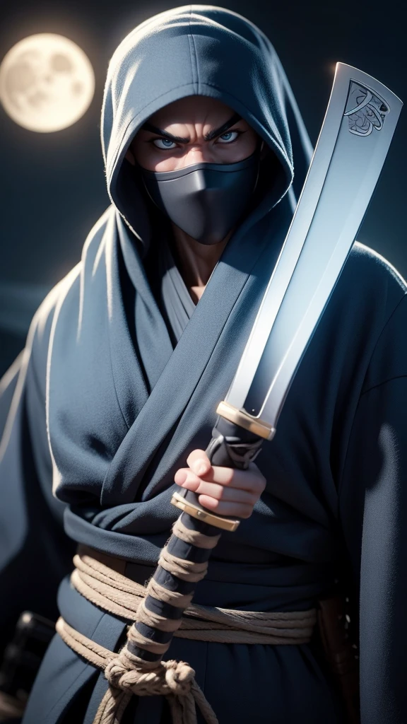 a ninja warrior in the night, detailed face, beautiful blue eyes, katana sword, dark ninja outfit, ninja mask, moonlight, dramatic lighting, dark fantasy, cinematic composition, moody atmosphere, highly detailed, 8k, photorealistic