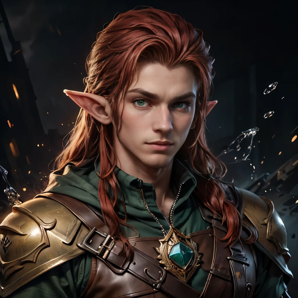 (masterpiece), best quality, high quality, (1male), adult male elf, pointy ears, handsome, (red hair), long hair, tidy hair, green eyes, military clothes, looking at viewer, upper body, splash art, rpg, intrincate,
