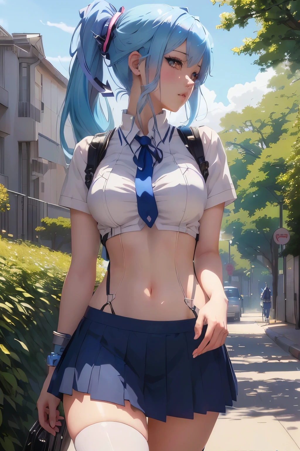 anime girl with blue hair and a walking down a street, a hyperrealistic , anime style 4 k, beautiful anime high school girl, seductive anime girl, hyperrealistic , anime style. 8k, attractive anime girl, detailed digital anime art, artwork in the style of guweiz, young anime girl, realistic anime artstyle