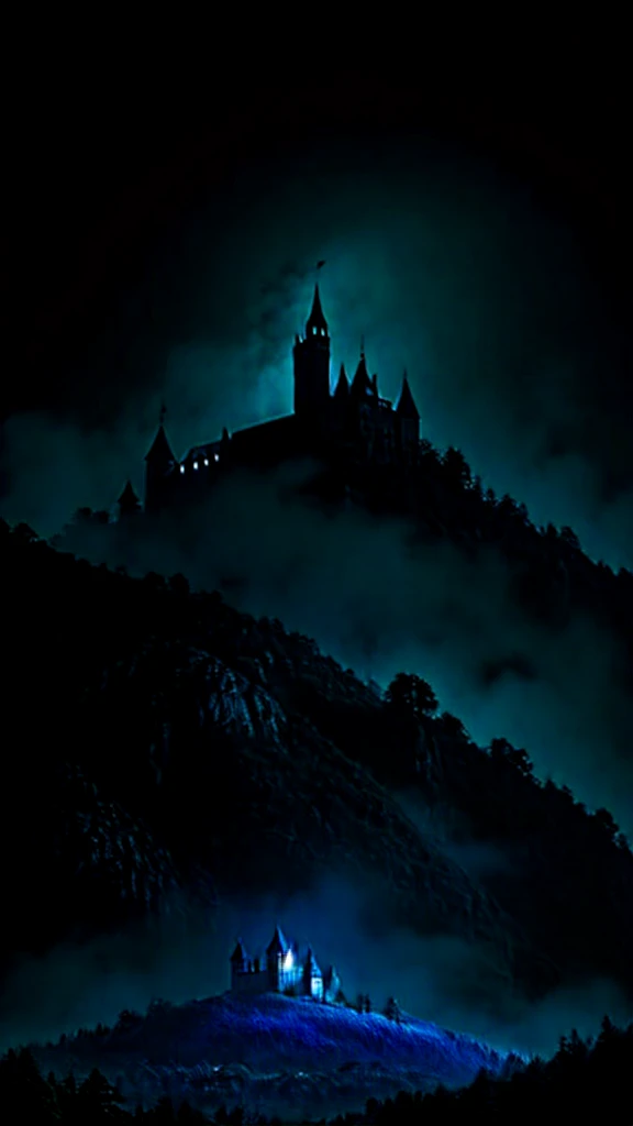 movie scene. Escena nocturna. Old castle on top of the mountain with gothic look. Ambiente color azul oscuro. Neblina blanca. BOsque oscuro alrededor. Hiperrealista.