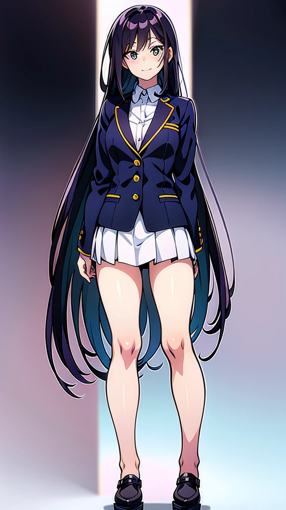 A detailed full-body image of a young anime girl standing confidently. She has long flowing hair, big expressive eyes, and a friendly smile. She is wearing a  with a blazer, skirt, and knee-high socks. Her arms are slightly raised, showing off her well-defined hands and fingers. The background is a soft gradient to emphasize the character. Detailed and clean line art, high resolution, with distinct separation of body parts (head, arms, hands, torso, legs).