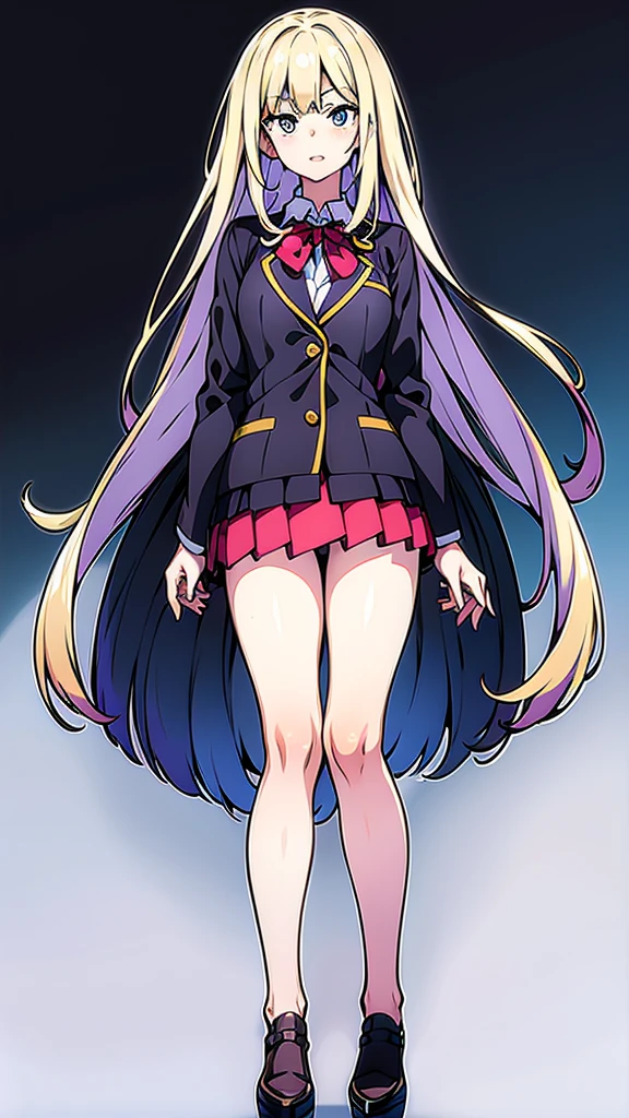 A detailed full-body image of a young anime girl standing confidently. She has long flowing hair, big expressive eyes, and a friendly smile. She is wearing a  with a blazer, skirt, and knee-high socks. Her arms are slightly raised, showing off her well-defined hands and fingers. The background is a soft gradient to emphasize the character. Detailed and clean line art, high resolution, with distinct separation of body parts (head, arms, hands, torso, legs).