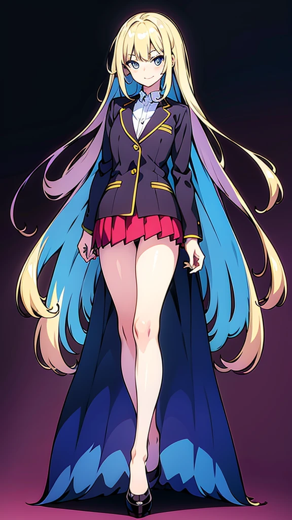 A detailed full-body image of a young anime girl standing confidently. She has long flowing hair, big expressive eyes, and a friendly smile. She is wearing a  with a blazer, skirt, and knee-high socks. Her arms are slightly raised, showing off her well-defined hands and fingers. The background is a soft gradient to emphasize the character. Detailed and clean line art, high resolution, with distinct separation of body parts (head, arms, hands, torso, legs).