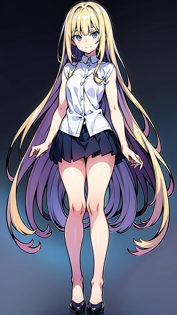 A detailed full-body image of a young anime girl standing confidently. She has long flowing hair, big expressive eyes, and a friendly smile. She is wearing a  with a blazer, skirt, and knee-high socks. Her arms are slightly raised, showing off her well-defined hands and fingers. The background is a soft gradient to emphasize the character. Detailed and clean line art, high resolution, with distinct separation of body parts (head, arms, hands, torso, legs).