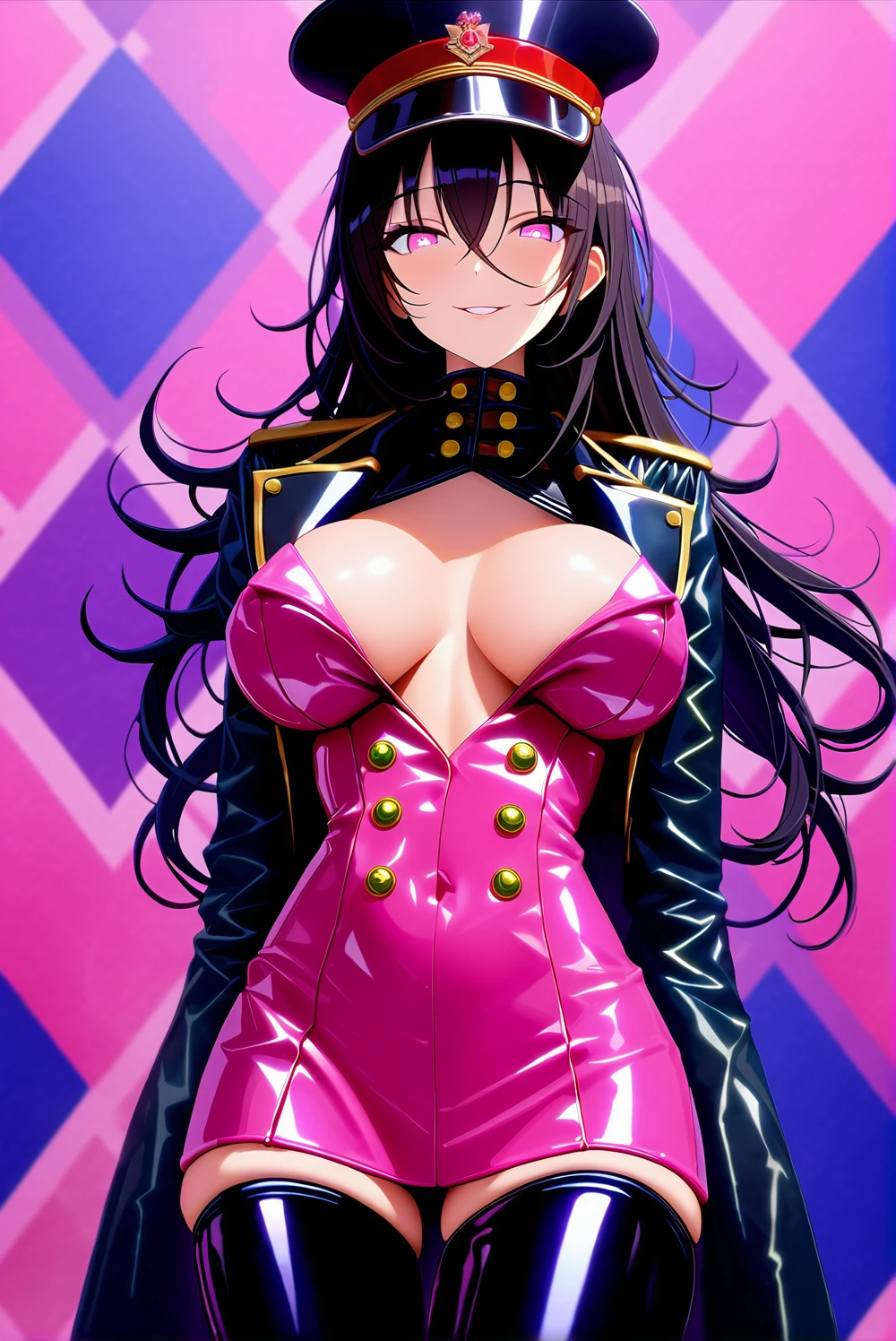 masterpiece, best quality, 1girl,black long hair,military coat, (finely detailed empty pupils and detailed face),,chest shot,lovestruck,extremely detailed picture unity 8k wallpaper,solo,(latex military costume:0.9),glamour body,seductive smile,military hat,latex thighhigh,try to show me breasts,black hair,pink eyes,