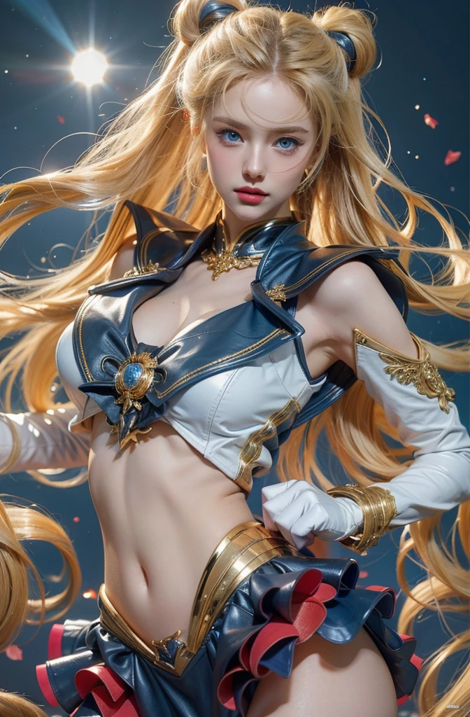 Beautiful girl with long blonde hair and a blue dress poses for a photo., Sailor Galactic, blue eyes, (Beautiful face details), intricate detailed, Sophisticated and luxurious leather outfit, Portrait of a female man, very high details, Realistic photos, 8k, UHD, hyperdetailed,