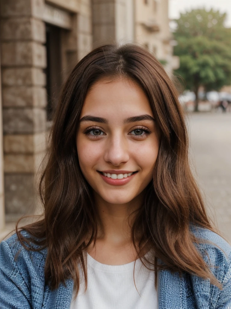 one cute women, 20YO, white, Arab, cute face, realistic brown eyes, blue jacket, brown hair, cute smile, skinny face, white realistic teethes, big eyes, long hair