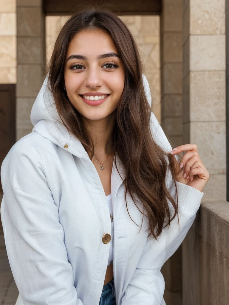 one cute women, 20YO, white, Arab, cute face, realistic brown eyes, blue jacket, brown hair, cute smile, skinny face, white realistic teethes, big eyes, long hair