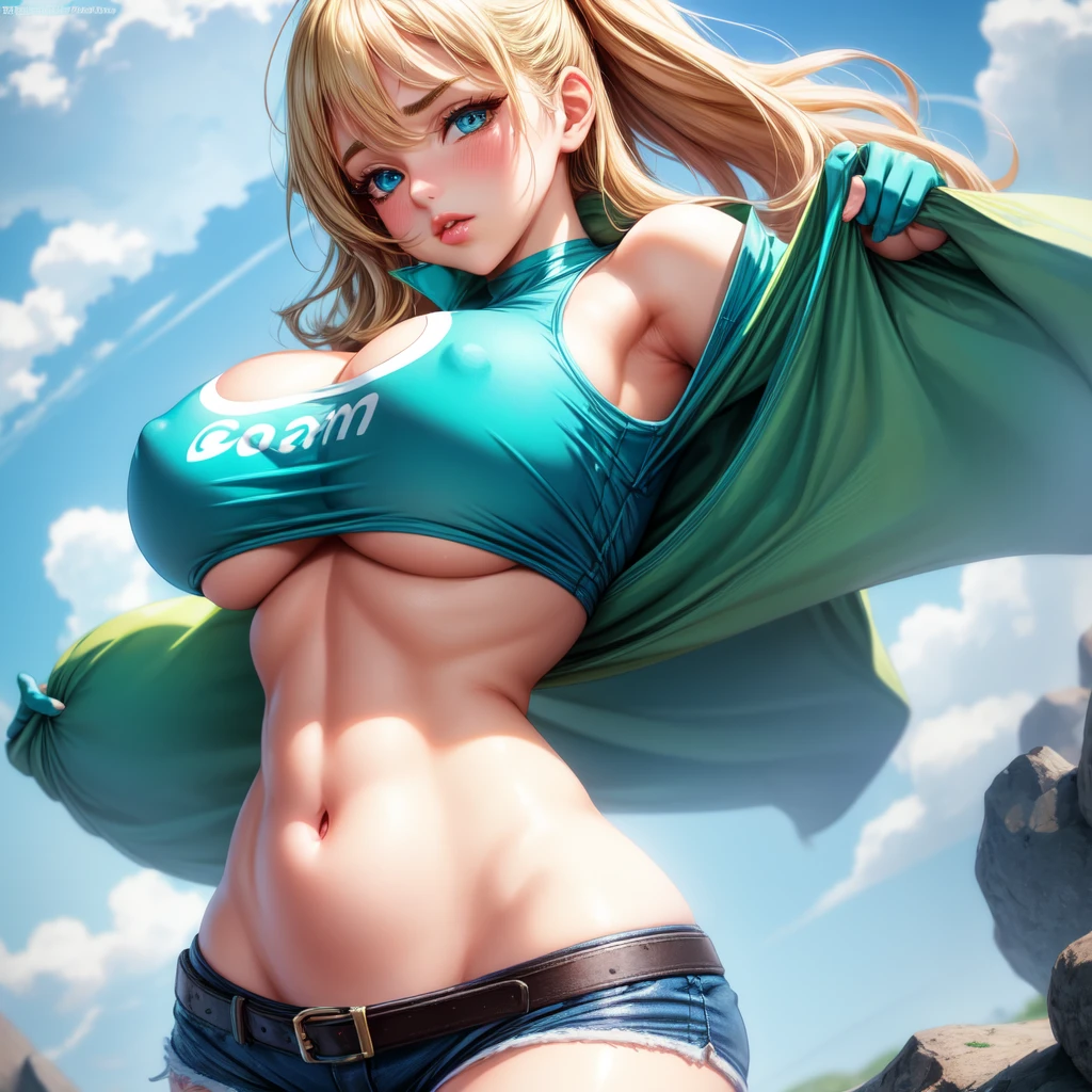 1 girl, solo, Big breasts, underboob curvy, realistic, blonde hair, green and blue eyes, amazing big eyes, eye details, eyebrow details, big lips, blush, confident, dominant, bdsm, HD, good quality, white crop top, shorts, above angle, looking at camera, erotic