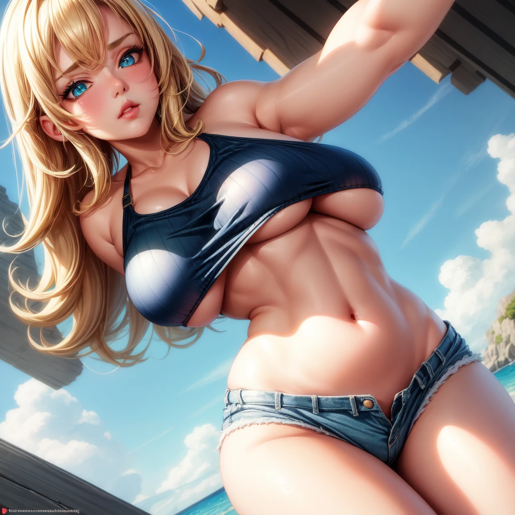 1 girl, solo, Big breasts, underboob curvy, realistic, blonde hair, green and blue eyes, amazing big eyes, eye details, eyebrow details, big lips, blush, confident, dominant, bdsm, HD, good quality, white crop top, shorts, above angle, looking at camera, erotic