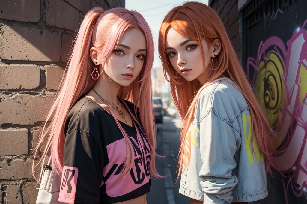 (masterpiece, Best quality, 1 girl, One, complex parts, Chromatic aberration), realistic, ((average breathing)),long hair, orange hair, Decoration on the head, pink highlights, hair over one eye, Earrings, keen eyes, necklace, neon shirt, Open jacket, crop top, (eye symmetry),(perfect symmetrical body),near the wall, Brick wall, graffiti, dim lighting, lane ,look at the viewer