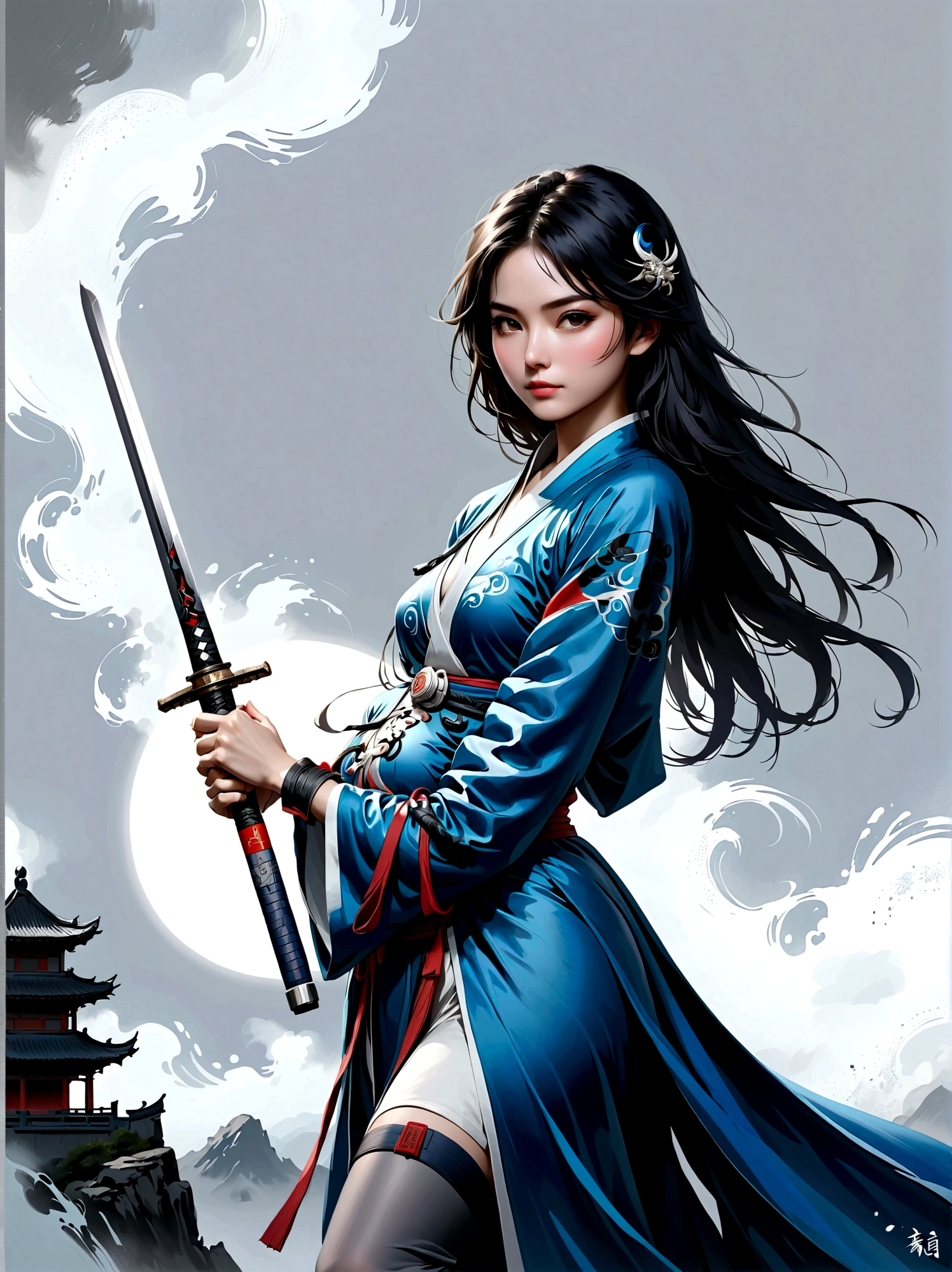 Artistic ink painting,Three-dimensional ink painting,Minimalism,Minimalist graphics,Minimal Art,Anime girl holding a sword,whole body,Chinese style,antiquity,Ink Painting,Blue robe,Black long hair,Black and white background,古韵White Space,White Space,大面积White Space,Texture Matte,Low saturation,Minimalist composition,Master composition