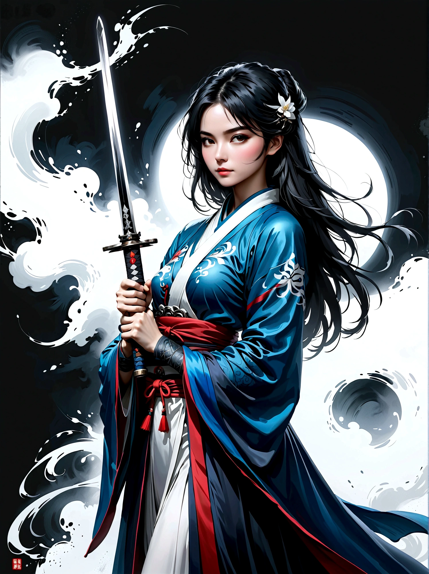 Artistic ink painting，Three-dimensional ink painting，Minimalism，Minimalist graphics，Minimal Art，Anime girl holding a sword，whole body，Chinese style，antiquity，Ink Painting，Blue robe，Black long hair，Black and white background，古韵White Space，White Space，大面积White Space，Texture Matte，Low saturation，Minimalist composition，Master composition