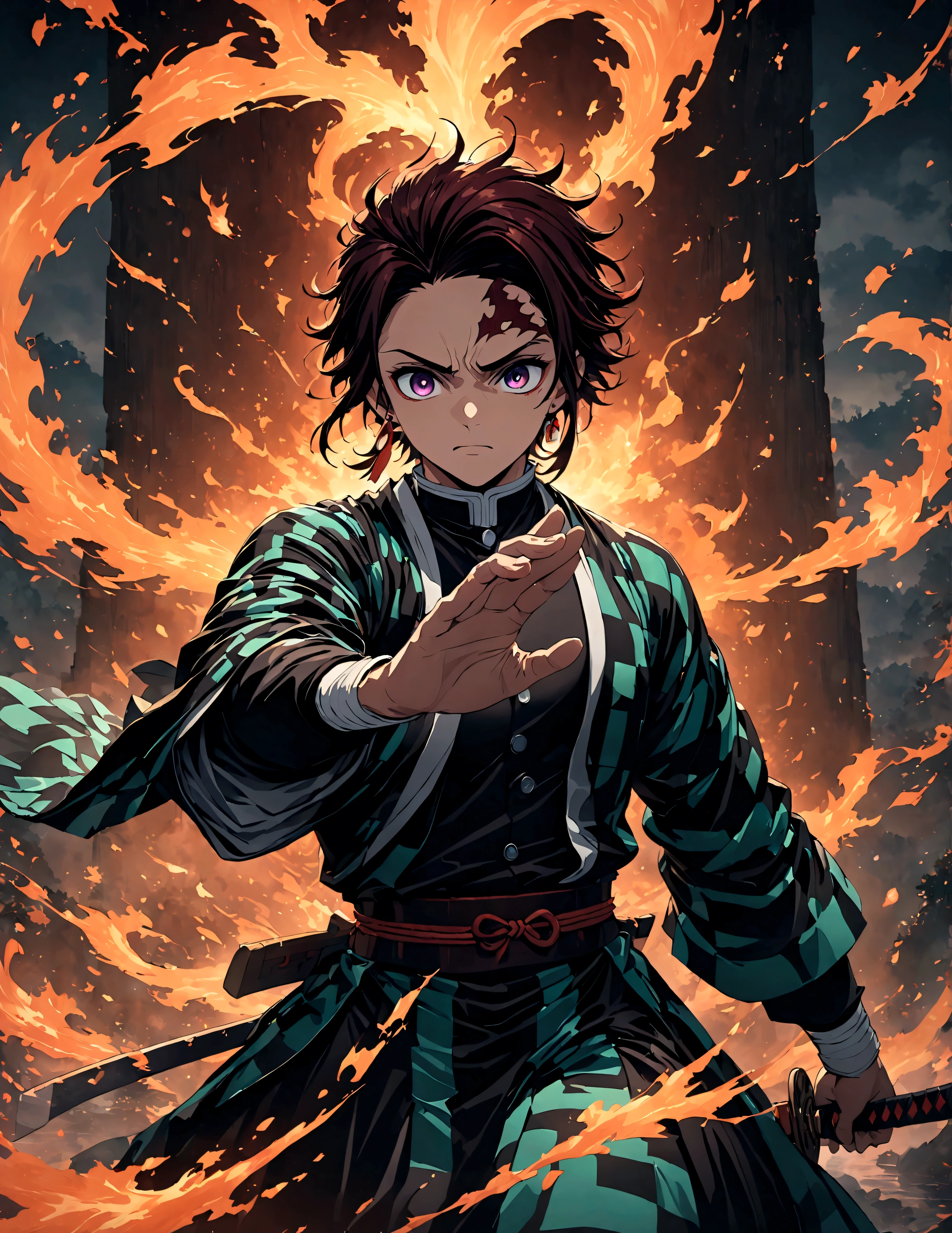 (1 male,Tanjiro Kamado),Demon slayer,Tanjiro&#39;s Costume,,Water and fire effects,Intricate details,,Decadent,artwork,rendering,Dynamic pose,(masterpiece:1.3),(highest quality:1.4),(Super detailed:1.5),High resolution,Very detailed,unity 8k wallpaper,Dark fantasy,,Glare,Fighting Style,Glare,Desperate form,BREAK,Japanese swords are straight and have a metallic luster..,Please hold the handle of the Japanese sword