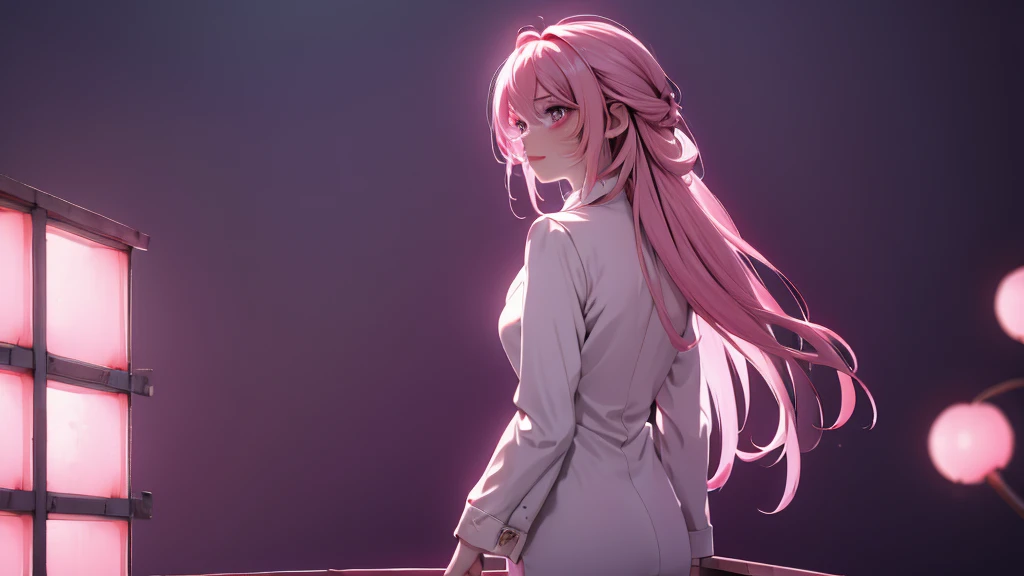1 girl, medium light pink hair, light pink eyes, wearing white suit, night city, absurdres, high res, ultrasharp, 8K, masterpiece, looking from behind