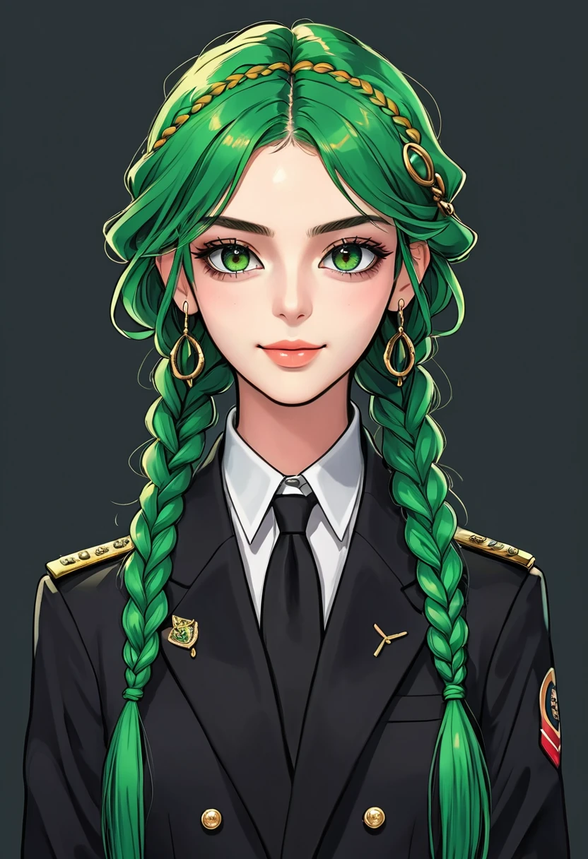 (Digital Illustration,Detailed anime style girl portrait,Solitary,symmetry),(Big colorful eyes,Fashionable and exquisite facial features,Exquisite makeup,Smile,Soulful gaze,),(Green long hair - braided braids,Beautiful hairstyle,Hairpin),(Black suit,Epaulettes-Chain,cool,),Clean and simple background