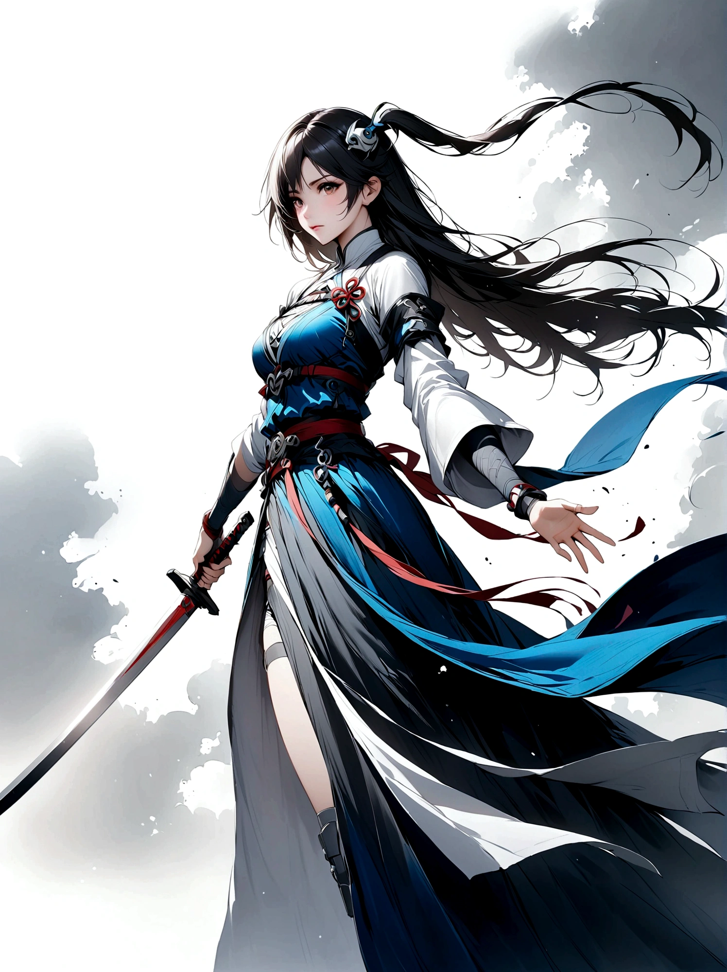 Artistic ink painting,Three-dimensional ink painting,Minimalism,Minimalist graphics,Minimal Art,Anime girl holding a sword,whole body,Chinese style,antiquity,Ink Painting,Blue robe,Black long hair,Black and white background,古韵White Space,White Space,大面积White Space,Texture Matte,Low saturation,Minimalist composition,Master composition
