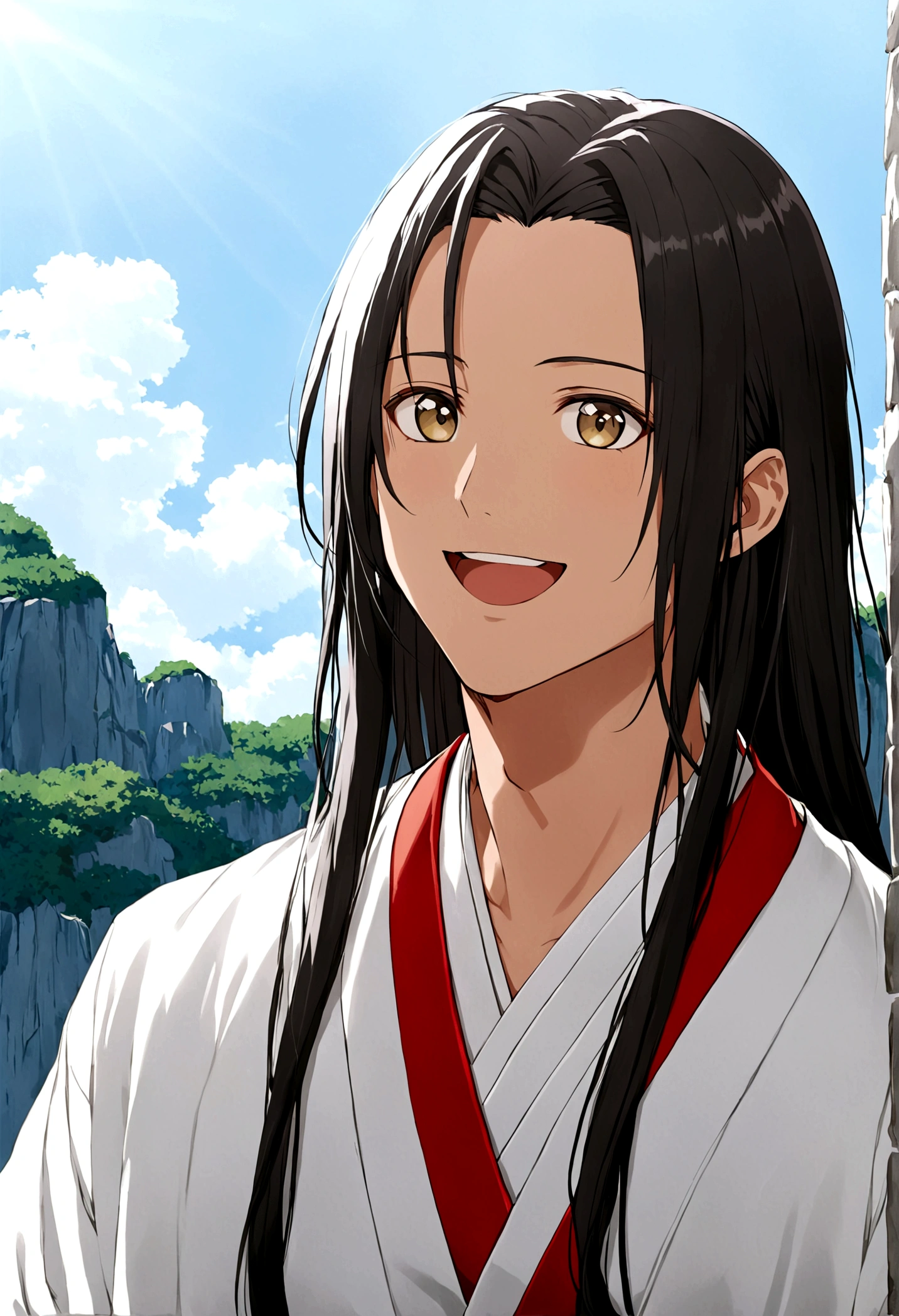 1 boy，Black Hair，I am，White shirt，Red Edge Jacket，For the audience，Smile，clavicle，hanfu，Wearing a coat，Long hair，open mouth，Solitary