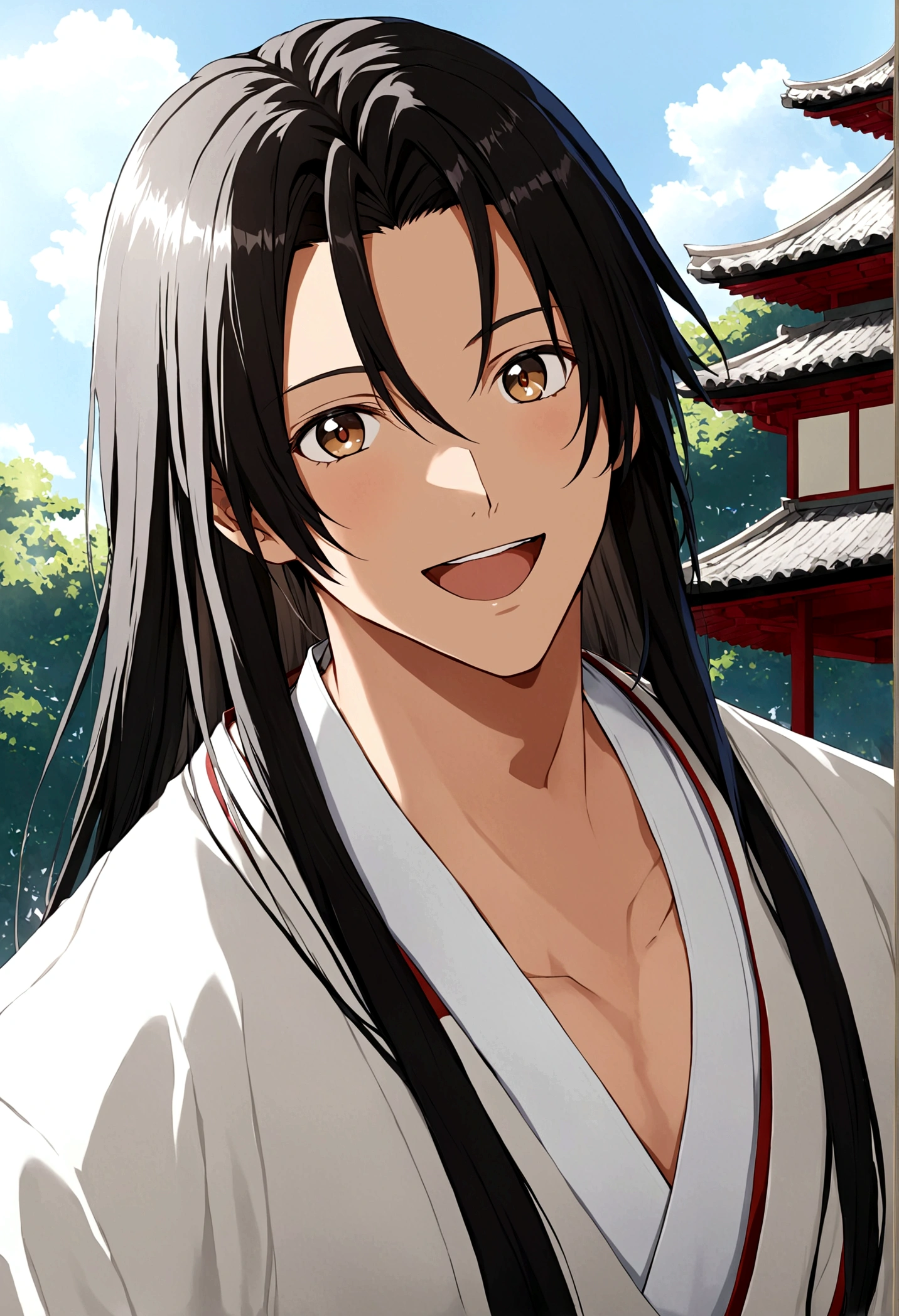 1 boy,Black Hair,I am,White shirt,Red Edge Jacket,For the audience,Smile,clavicle,hanfu,Wearing a coat,Long hair,open mouth,Solitary