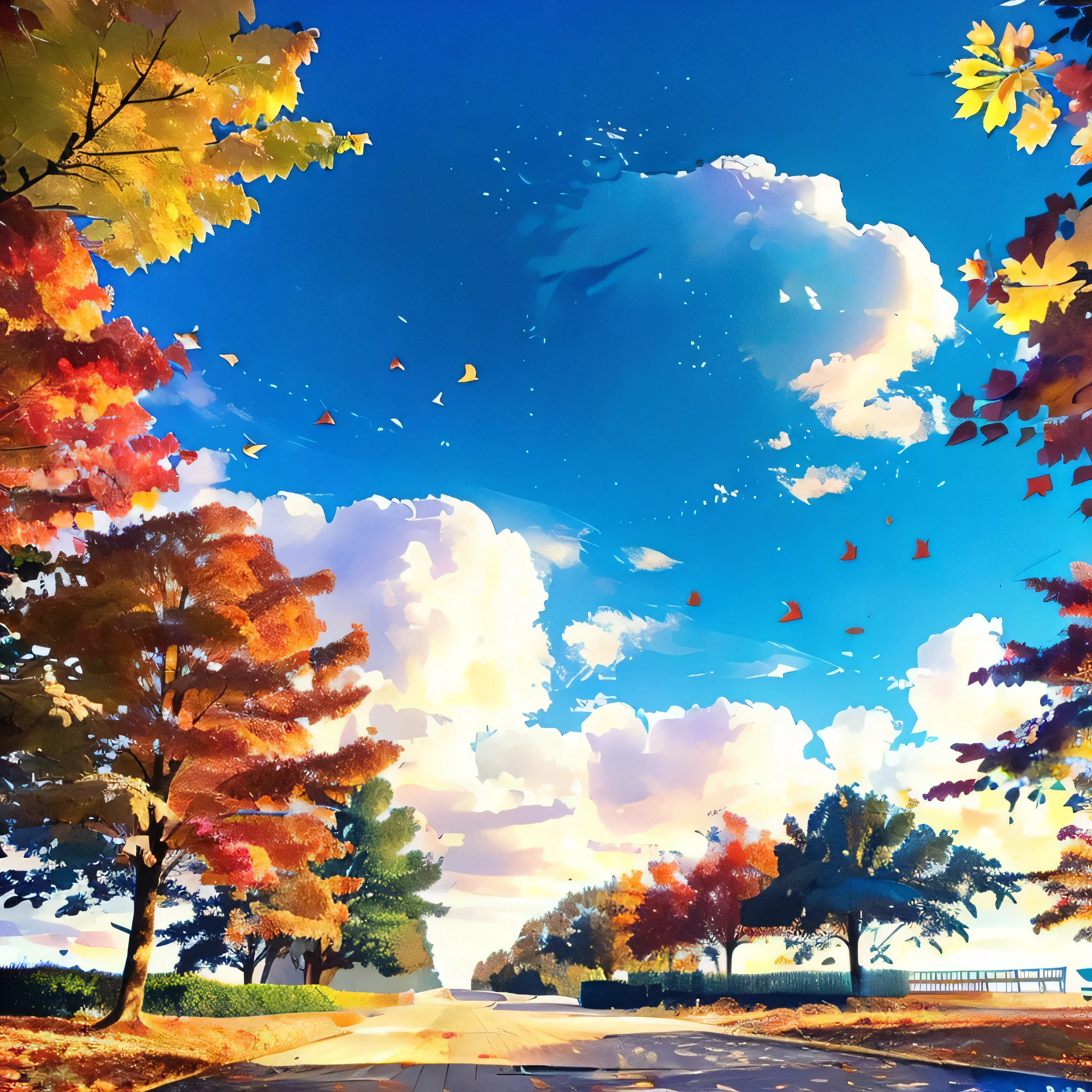 autumn leaves dancing in the blue sky