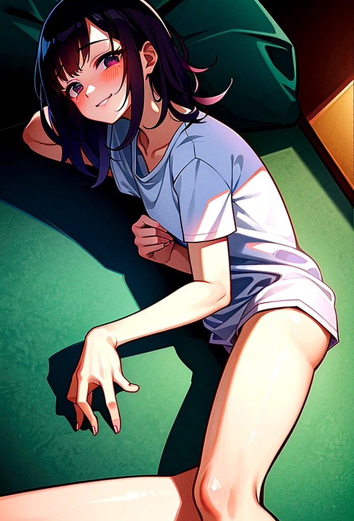 Missionaries, Sex, vagina, One girl, One boy, penis, Lie in, White T-shirt, Bottomless, Medium Hair,( Two-tone hair ), No correction, Voice of the Heart, smile, Mouth closed, blush,