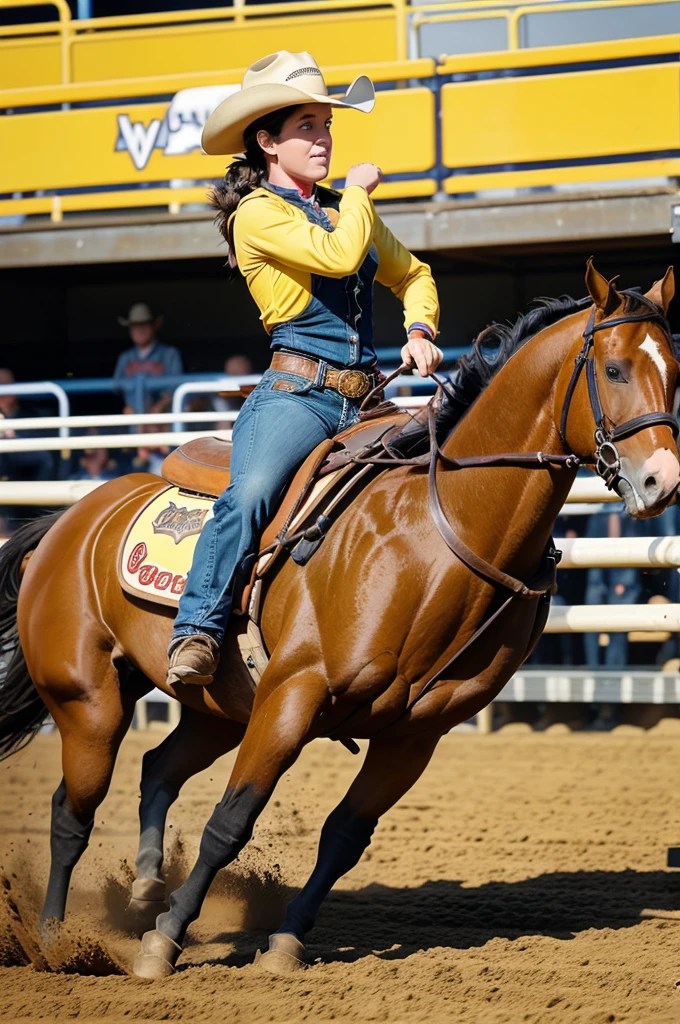 A cartoon horse barrel racing with a cartoon cowboy on its back, yellow serifed font superimposed over it: THIS AIN’T MY FIRST RODEO.