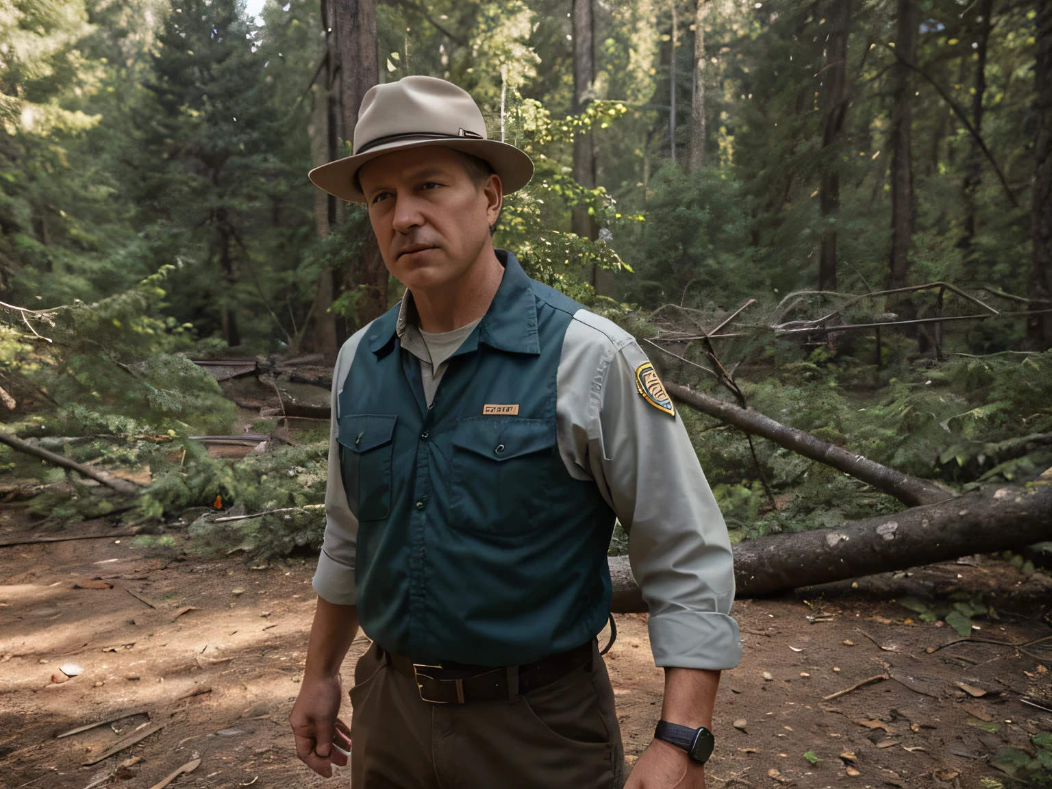 a middle-aged male caucasian park ranger inspecting a broken heavy cable fence hit by a fallen tree in a pacific northwest forest, worried expression, cautious body language, detailed facial features, highly detailed, ultra-realistic, cinematic lighting, vivid colors, dramatic atmosphere, masterpiece, photorealistic, 8k, hyperrealistic