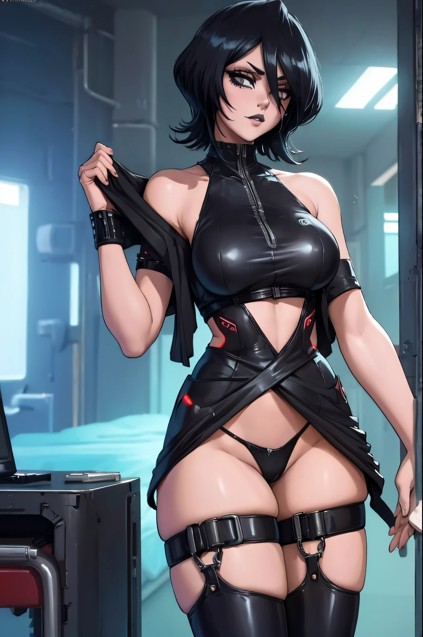 sexy girl, black lipstick, short hair, black stockings, thick ass, clothes, solo, cyberpunk, cyberpunk style, clothes in cyberpunk style. Fully dressed
