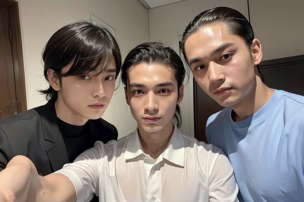 A selfie of a man with long bangs down and a man with his hair slicked back。