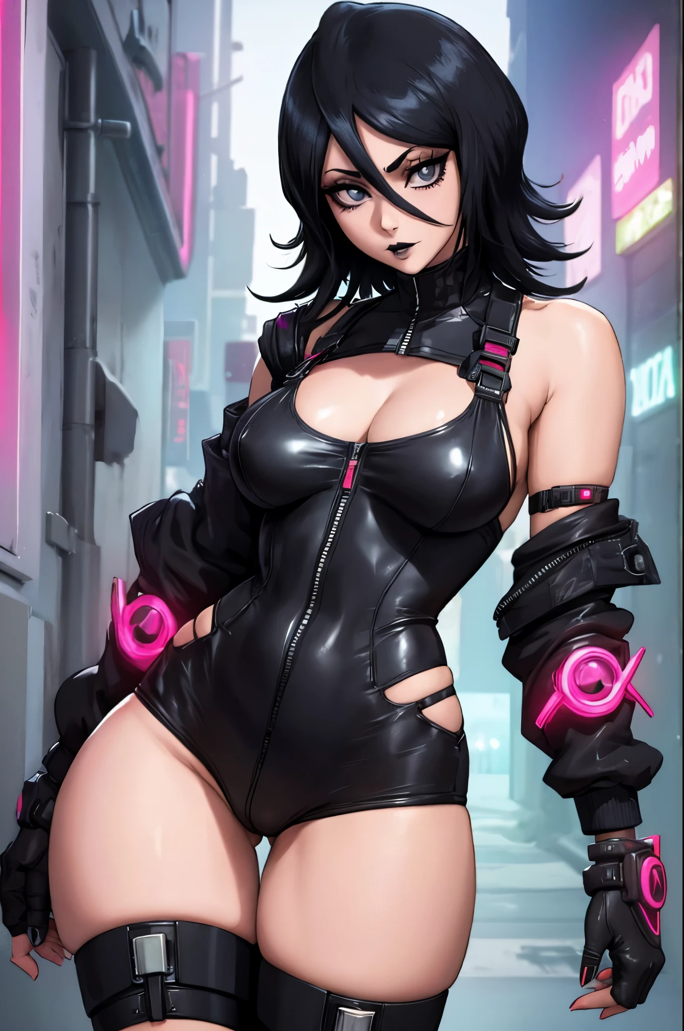 sexy girl, black lipstick, short hair, black stockings, thick ass, clothes, solo, cyberpunk, cyberpunk style, clothes in cyberpunk style. Fully dressed
