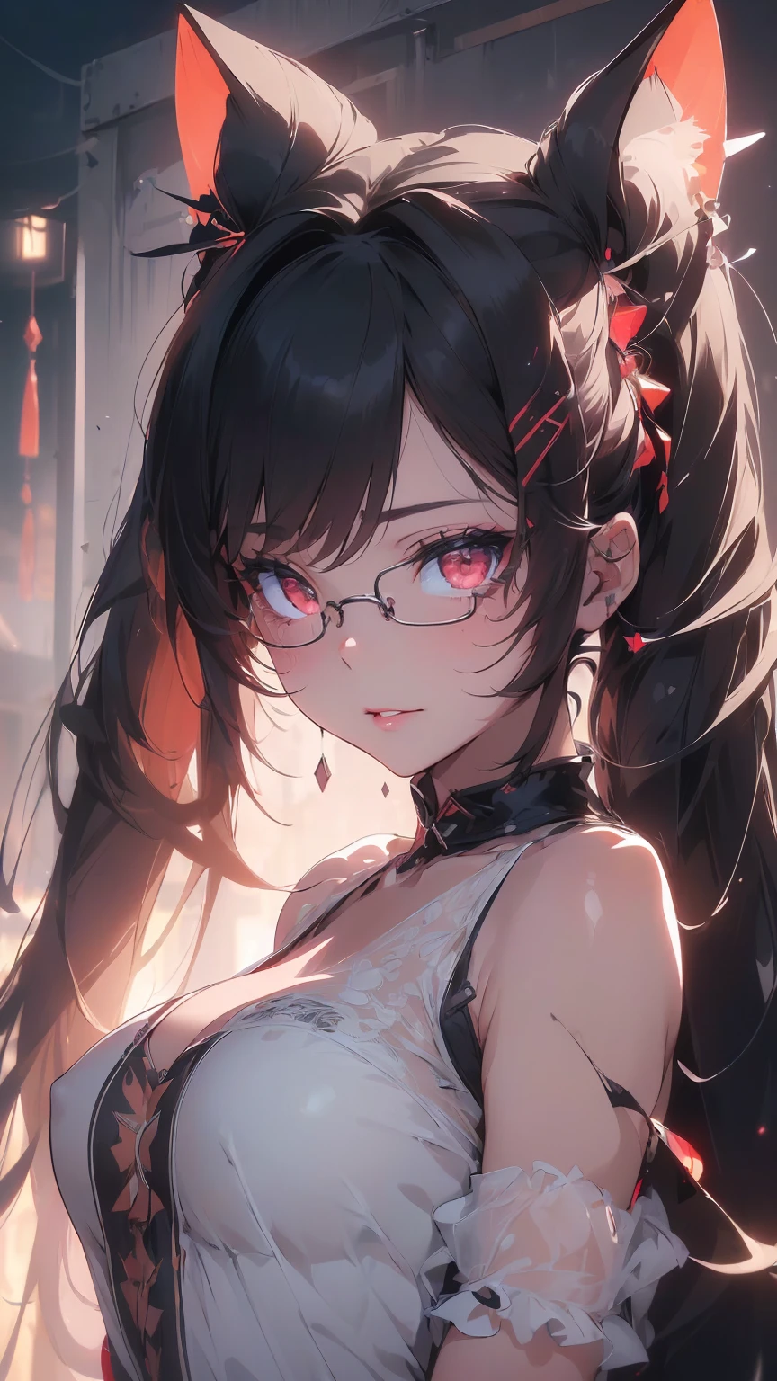 ((((ultrahigh resolution)))), best quality, high resolution, 1girl, standing, ((black hair),((red eyes)), glowing_eyes, neon eyes, (ultra detailed eyes:0.7, beautiful and detailed face, detailed eyes:0.9), ((centered)), facing viewer, bright lighting, large chested, looking at viewer, ((perfect hands)), (((head:1, arms, elbows, arms)), ((hands behind back)), beautiful lighting, ((in the night club)), ((beautiful)), cat ears, twin-tails, good anatomy, correct proportions, sexy, naughty, smirk, lewd, blush, seductive, seductive smile, attractive girl, sexy girl, lewd girl, best quality, intricate details, chromatic aberration, (masterpiece), ultra details, ultra quality, navel, white highlights, sharp eyes, (looking at viewer), detailed face, detailed iris, glossy lips, glow, neon lightlacklight:1.4), twin-tails, nsfw, teasing, masterpiece, excellent quality, high quality, 1girl, looking at viewer, mature woman, partially submerged, bangs, very long hair:1.2), hair spread out, eyelashes, detailed face, detailed eyes, confident smile, detailed lips, night, nsfw, sexy, smirk, blush, (Detailed ultra-oily shiny skin:1.1), (extremely detailed CG unity 8k wallpaper), (masterpiece), (best quality), (ultra detailed), finely detail, (Depth of field), long night dress, sexy dress, dress cut out, chinese style, glasses, wearing a glasses