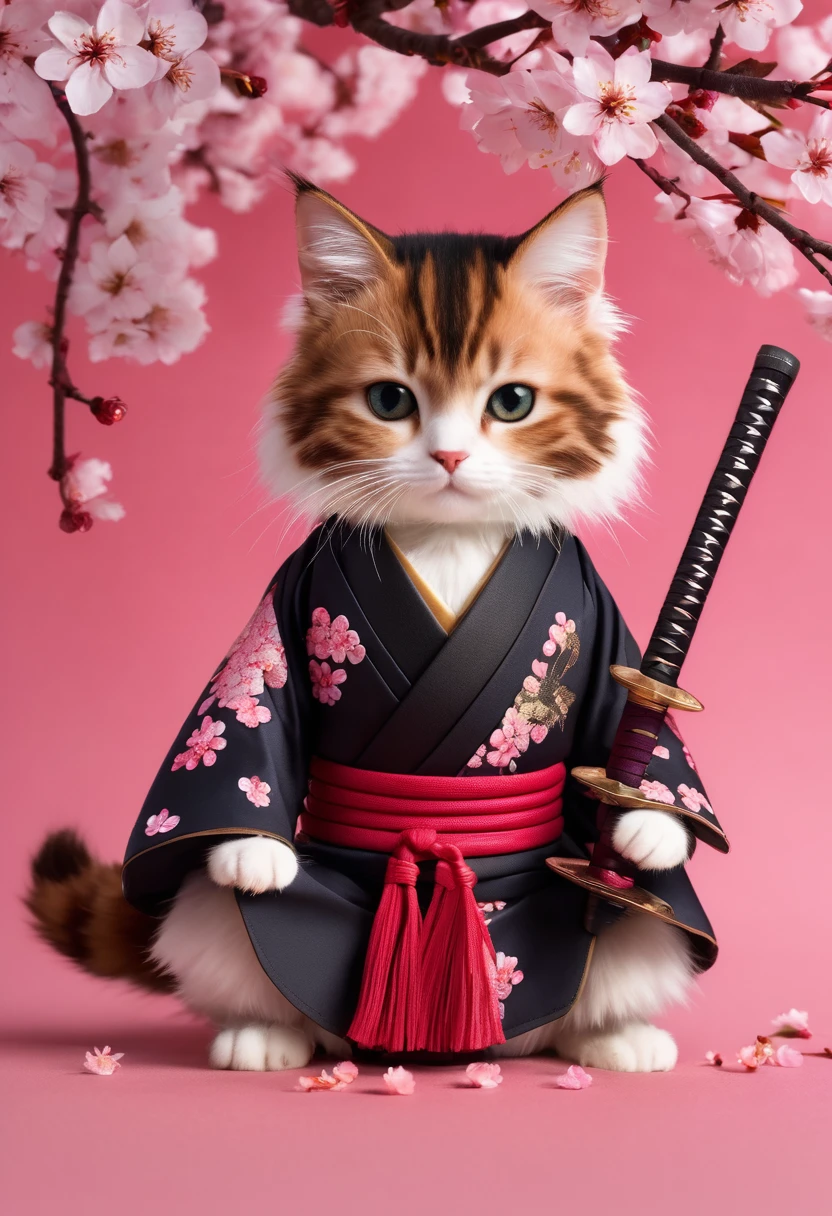 Rin with two legs and a sword々Amazing detailed photos of a cute samurai cat, Floating cherry blossom petals, High resolution, Sharp Eye,Realistic fur, Anti-aliasing, FXAA, Noise Reduction, Post-production, Special effects, Very detailed & complicated, Hypermaximalist, elegant, Brilliant, Ultra-realistic, Very detailed, Black coloring, Calm, 16K resolution, whole body,