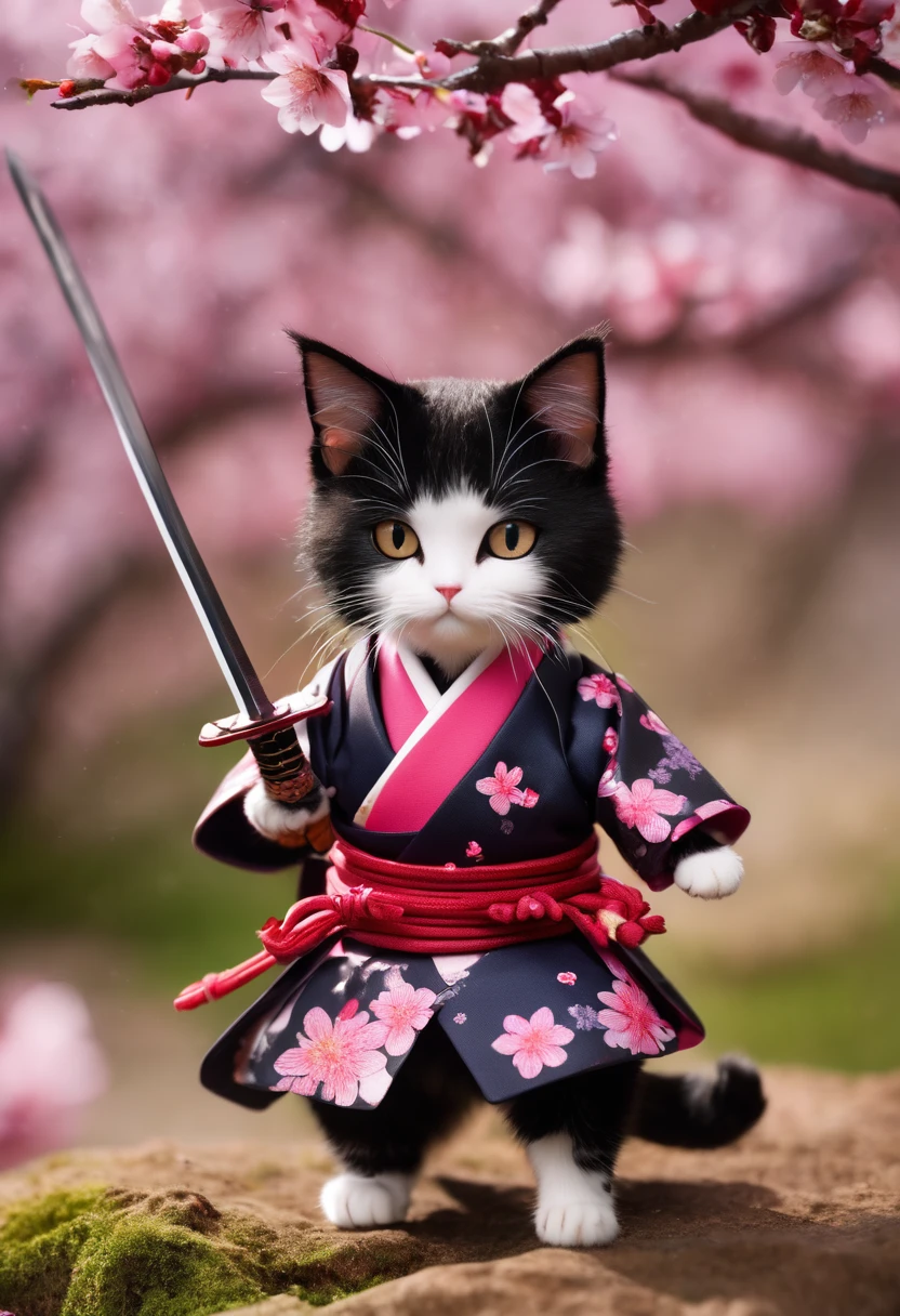 Rin with two legs and a sword々Amazing detailed photos of a cute samurai cat, Floating cherry blossom petals, High resolution, Sharp Eye,Realistic fur, Anti-aliasing, FXAA, Noise Reduction, Post-production, Special effects, Very detailed & complicated, Hypermaximalist, elegant, Brilliant, Ultra-realistic, Very detailed, Black coloring, Calm, 16K resolution, whole body,