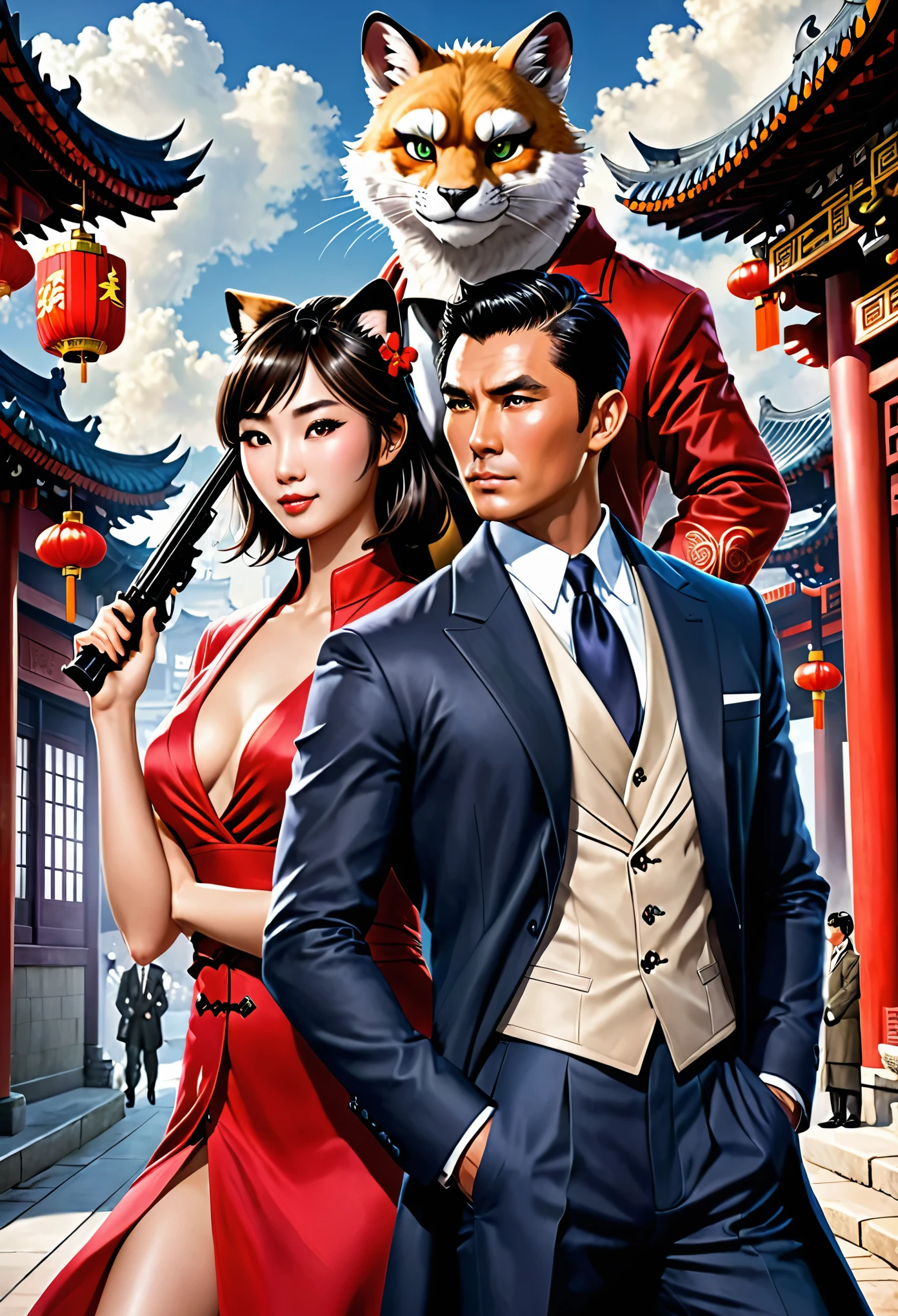 movie poster, movie artwork, concept art of love, romance novel cover, highres, top quality, best quality, perfect artwork, absurdres, perfect anatomy(couple, young 1male detective, 1woman in Chinese dress)(furry, kemono, anthro))with some elements of 007, battle,
