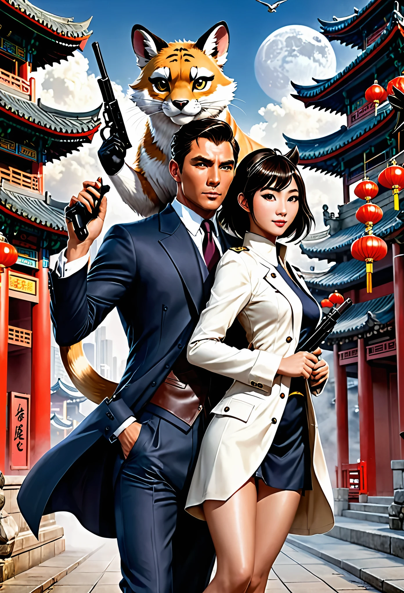 movie poster, movie artwork, concept art of love, romance novel cover, highres, top quality, best quality, perfect artwork, absurdres, perfect anatomy(couple, young 1male detective, 1woman in Chinese dress)(furry, kemono, anthro))with some elements of 007, battle,