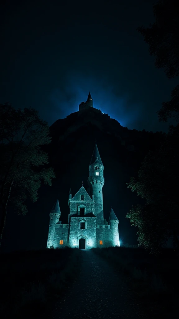movie scene. Escena nocturna. Old castle on top of the mountain with gothic look. Ambiente color azul oscuro. Neblina blanca. BOsque oscuro alrededor. Fuego quemando a lo lejos.