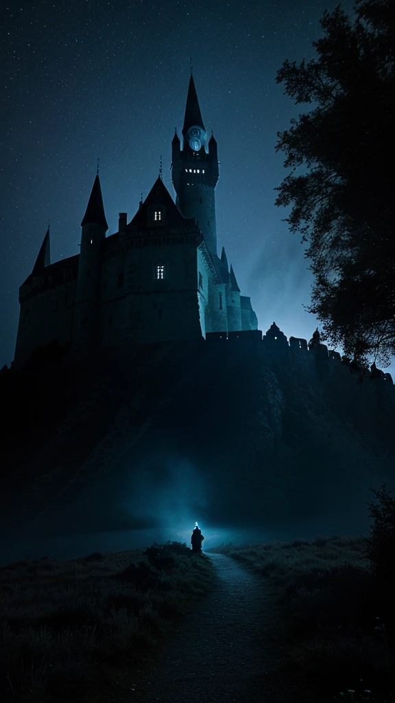 movie scene. Escena nocturna. Old castle on top of the mountain with gothic look. Ambiente color azul oscuro. Neblina blanca. BOsque oscuro alrededor. Fuego quemando a lo lejos.