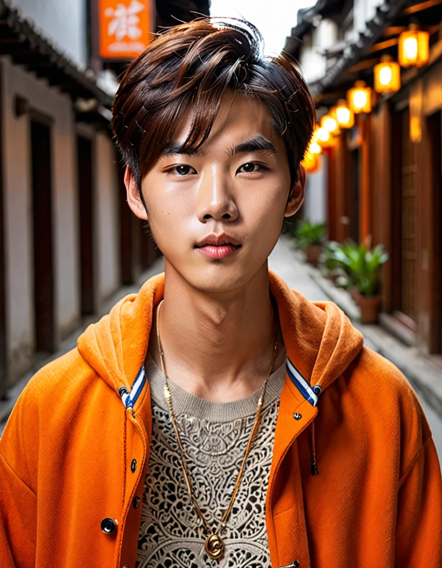 ((mejor calidad)), ((obra maestra)), (detallado), cara perfecta, asian boy, lindo, good lighting, saco color naranja, completo, nariz perfecta, labios gruesos, pelo largo