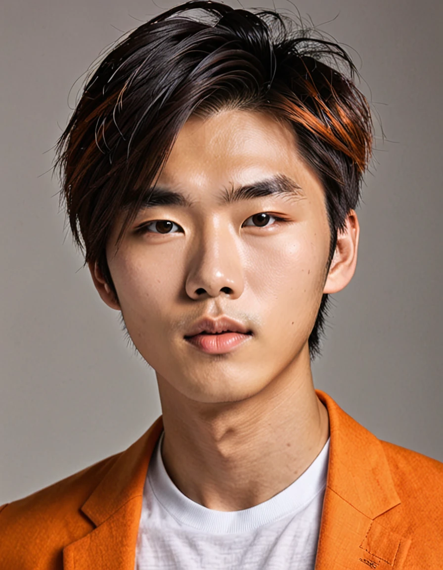 ((mejor calidad)), ((obra maestra)), (detallado), cara perfecta, asian boy, lindo, good lighting, saco color naranja, completo, nariz perfecta, labios gruesos, pelo largo
