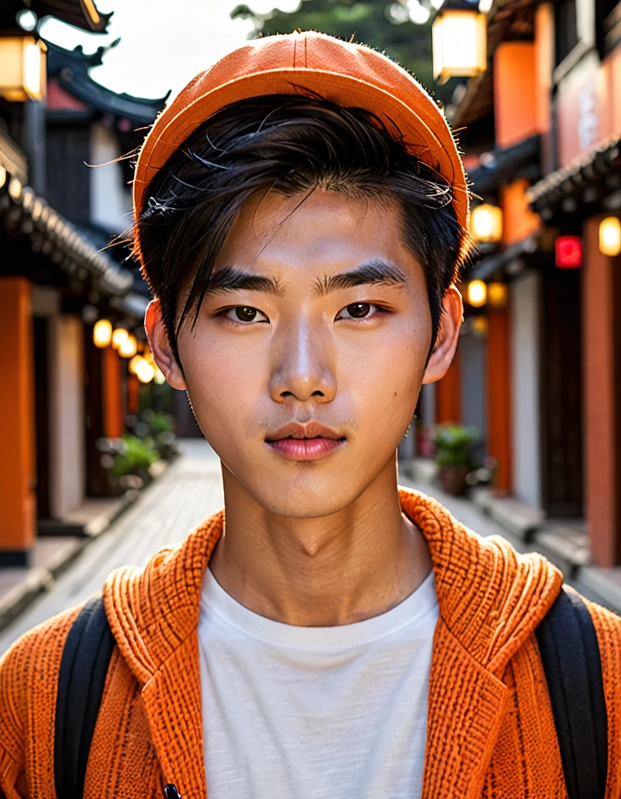((mejor calidad)), ((obra maestra)), (detallado), cara perfecta, asian boy, lindo, good lighting, saco color naranja, completo, nariz perfecta, labios gruesos, pelo largo