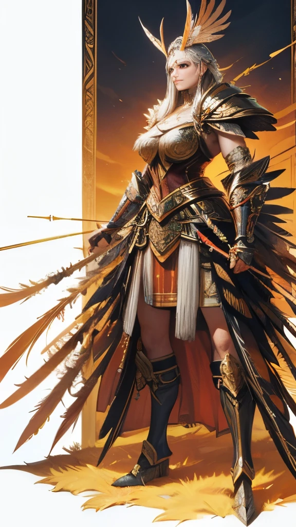 A warrior whose armor is a tapestry of meticulously arranged feathers, cada uma refletindo as cores vibrantes. The warrior's helmet is adorned with a plume resembling the crest of an exotic bird.. Make a sketch of it.