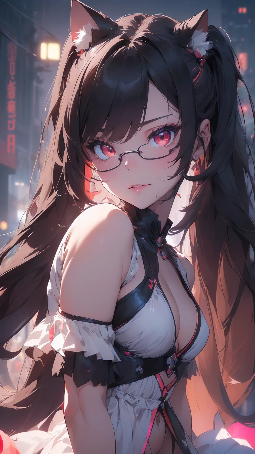 ((((ultrahigh resolution)))), best quality, high resolution, 1girl, sitting, ((black hair),((red eyes)), glowing_eyes, neon eyes, (ultra detailed eyes:0.7, beautiful and detailed face, detailed eyes:0.9), ((centered)), facing viewer, bright lighting, large chested, looking at viewer, ((perfect hands)), (((head:1, arms, elbows, arms)), ((hands behind back)), beautiful lighting, ((in the night club)), ((beautiful)), cat ears, twin-tails, good anatomy, correct proportions, sexy, naughty, smirk, lewd, blush, seductive, seductive smile, attractive girl, sexy girl, lewd girl, best quality, intricate details, chromatic aberration, (masterpiece), ultra details, ultra quality, navel, white highlights, sharp eyes, (looking at viewer), detailed face, detailed iris, glossy lips, glow, neon lightlacklight:1.4), twin-tails, nsfw, teasing, masterpiece, excellent quality, high quality, 1girl, looking at viewer, mature woman, partially submerged, bangs, very long hair:1.2), hair spread out, eyelashes, detailed face, detailed eyes, confident smile, detailed lips, night, nsfw, sexy, smirk, blush, (Detailed ultra-oily shiny skin:1.1), (extremely detailed CG unity 8k wallpaper), (masterpiece), (best quality), (ultra detailed), finely detail, (Depth of field), long night dress, sexy dress, dress cut out, chinese style, glasses, wearing a glasses
