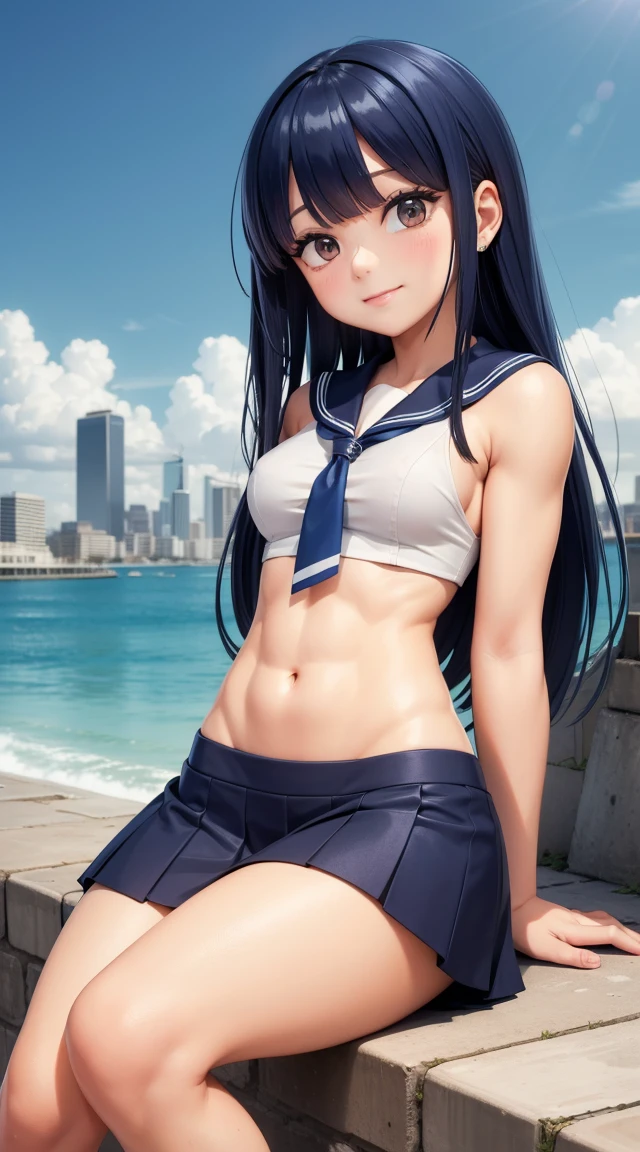 (cabello despeinado), (illustration), retrato, (fondo de ciudad futurista), (arms behind back), Cintura delgada, gran sonrisa, ojos detallados, abdominales fuertes, chica delgada, strong abs, muscle girl, front pose, big thighs, focus on face, big nude chested, large city background, blue hair, sailor uniform, skirt, sit on rock