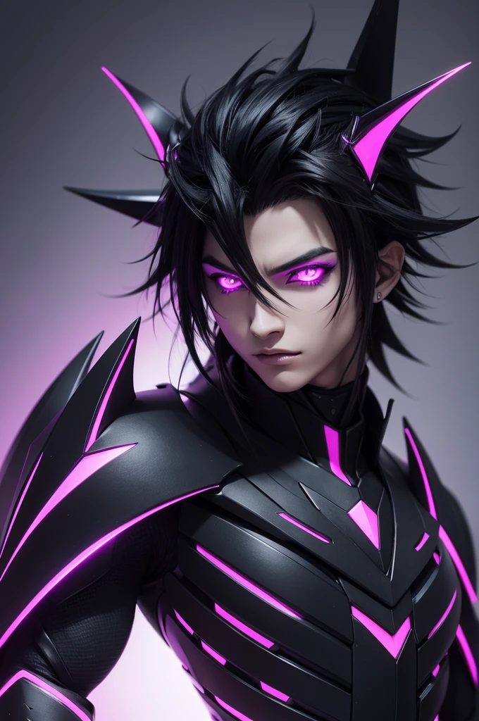 Create an anime avatar of a black-haired male humanoid dragon, olhos da cor roxo neon, com todos os dentes afiados, 4 asas negras nas costa