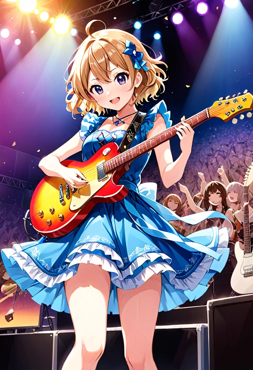 Image of a woman in a dress playing the guitar, High quality artwork, Idol Master, !!beautiful!!, K-is!, K-is, Playing guitar on stage, inspired by Miwa Komatsu, Also, Fan art, Happy!!!, intricate anime girl K-is kyoani, Yuki Morita, Guitar solo, Lockout, Official artwork