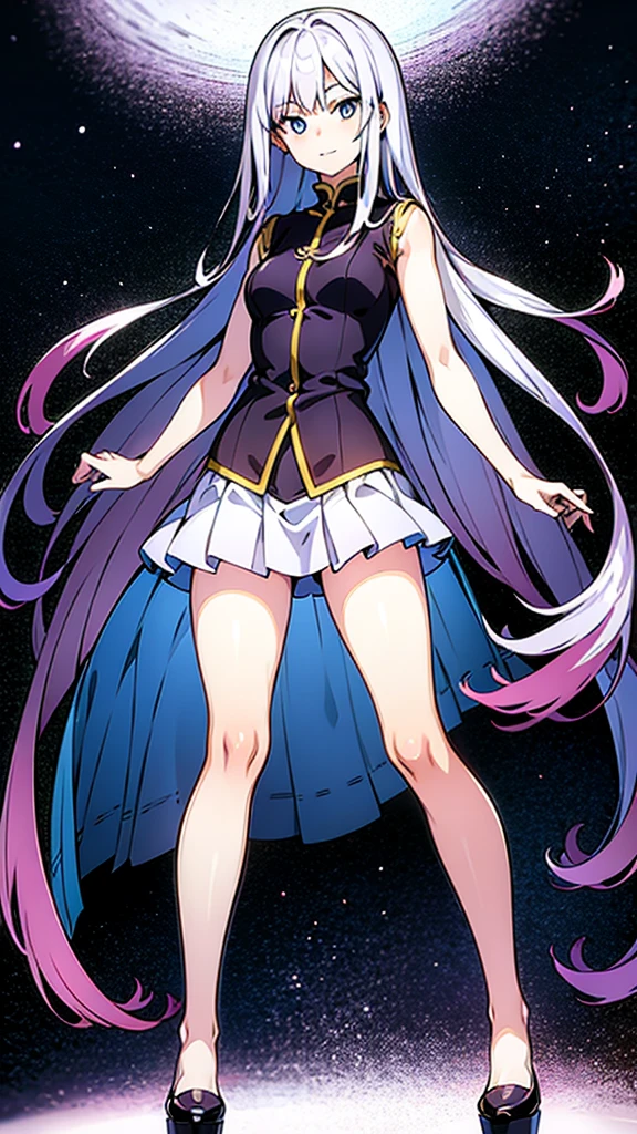 A detailed full-body image of a young anime girl standing confidently. She has long flowing hair, big expressive eyes, and a friendly smile. She is wearing a  with a blazer, skirt, and knee-high socks. Her arms are slightly raised, showing off her well-defined hands and fingers. The background is a soft gradient to emphasize the character. Detailed and clean line art, high resolution, with distinct separation of body parts (head, arms, hands, torso, legs).