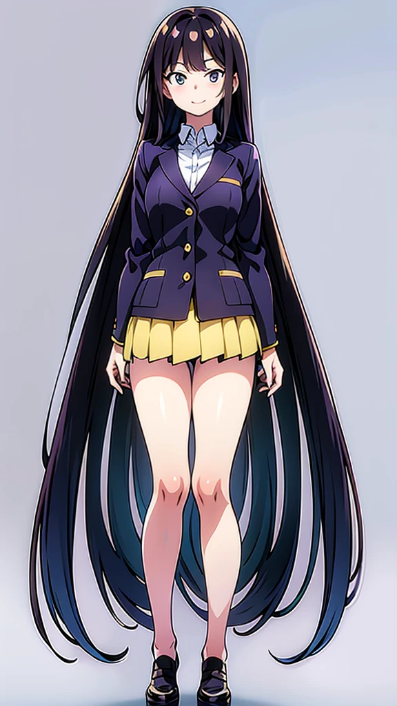 A detailed full-body image of a young anime girl standing confidently. She has long flowing hair, big expressive eyes, and a friendly smile. She is wearing a  with a blazer, skirt, and knee-high socks. Her arms are slightly raised, showing off her well-defined hands and fingers. The background is a soft gradient to emphasize the character. Detailed and clean line art, high resolution, with distinct separation of body parts (head, arms, hands, torso, legs).