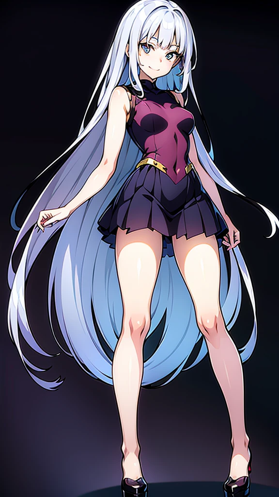 A detailed full-body image of a young anime girl standing confidently. She has long flowing hair, big expressive eyes, and a friendly smile. She is wearing a  with a blazer, skirt, and knee-high socks. Her arms are slightly raised, showing off her well-defined hands and fingers. The background is a soft gradient to emphasize the character. Detailed and clean line art, high resolution, with distinct separation of body parts (head, arms, hands, torso, legs).