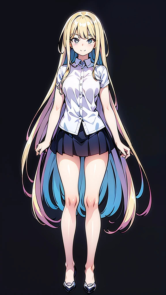 A detailed full-body image of a young anime girl standing confidently. She has long flowing hair, big expressive eyes, and a friendly smile. She is wearing a  with a blazer, skirt, and knee-high socks. Her arms are slightly raised, showing off her well-defined hands and fingers. The background is a soft gradient to emphasize the character. Detailed and clean line art, high resolution, with distinct separation of body parts (head, arms, hands, torso, legs).